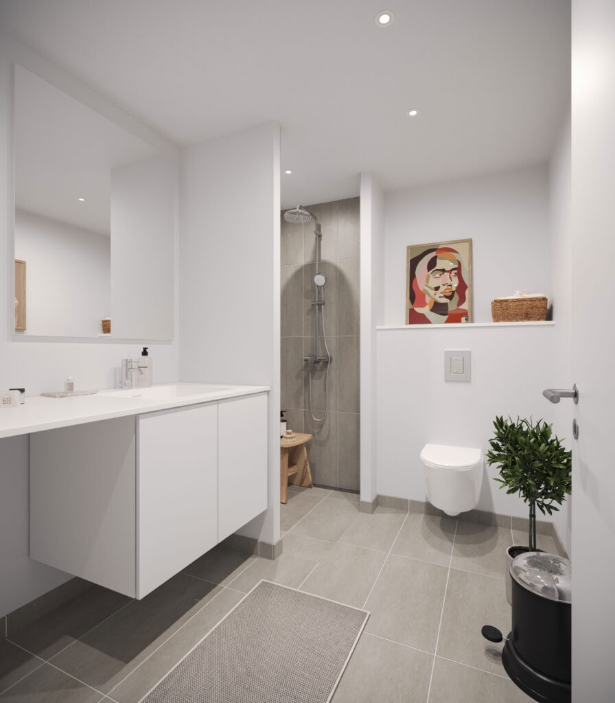 Lys lejlighed i Grønnebro med moderne indretning, store vinduespartier og åbent opholdsrum.