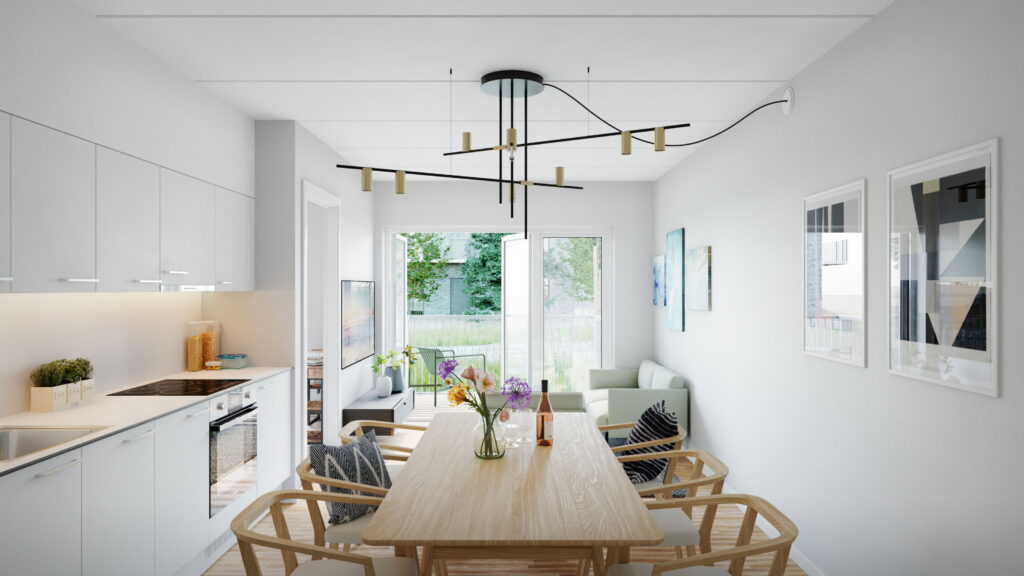 Lys lejlighed i Hyldebakken med moderne indretning, store vinduespartier og adgang til altan eller terrasse.