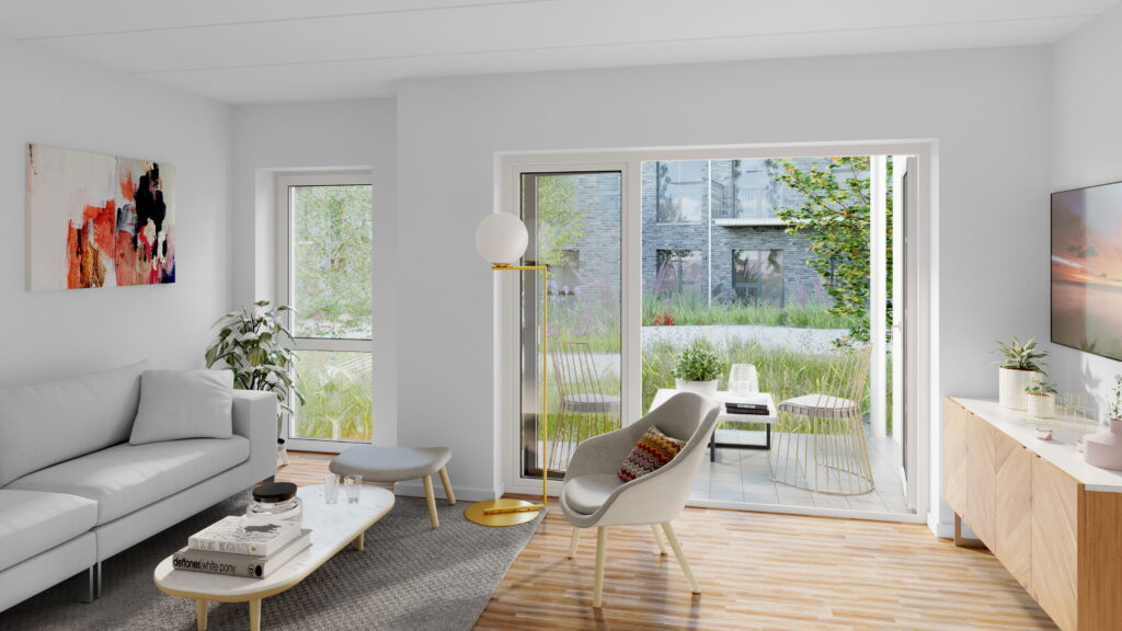 Lys lejlighed i Hyldebakken med moderne indretning, store vinduespartier og adgang til altan eller terrasse.
