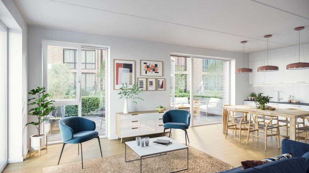 Lys lejlighed på Fælleden i Kirkebjerg Søpark med moderne indretning og store vinduespartier.